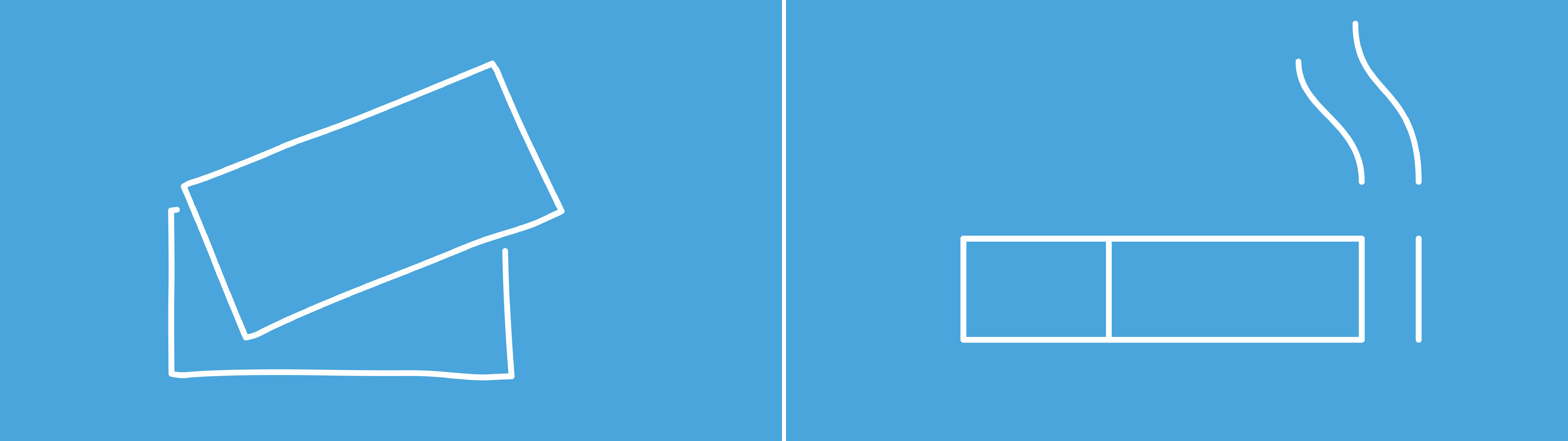 Illustration comparing two products: on the left, two white nicotine pouches on a blue background; on the right, an open pack of cigarettes on a white background.
